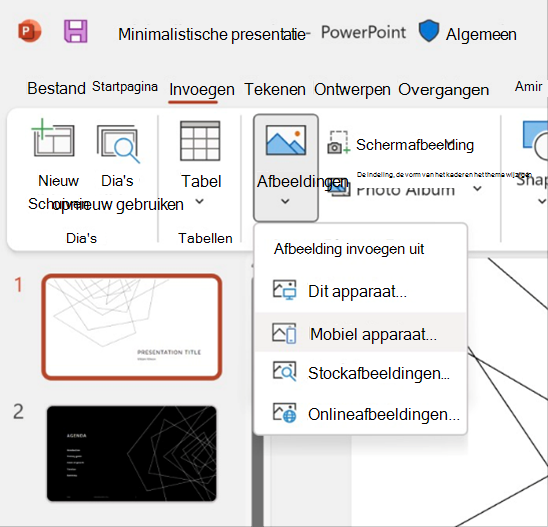 Schermopname van het invoegen van een afbeelding van een functie voor mobiele apparaten in PowerPoint.