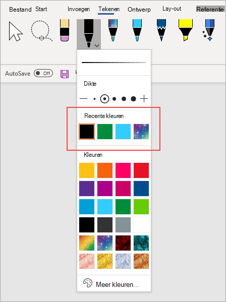 Optie pen Recente kleuren
