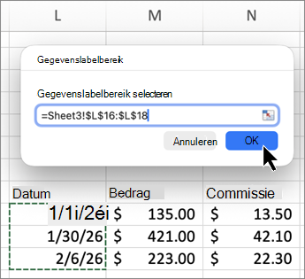 Schermafbeelding van het bereik van Mac-gegevenslabels in Excel.