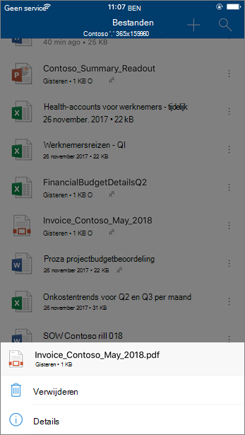 Schermopname van het verwijderen van een geblokkeerd bestand uit OneDrive voor Bedrijven van de mobiele OneDrive-app