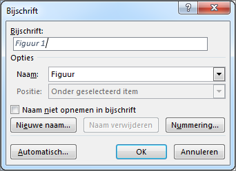 Het dialoogvenster Bijschrift invoegen