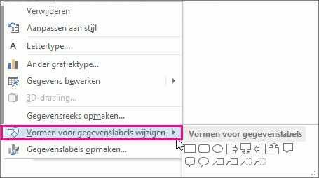 De menuopdracht Vormen voor gegevenslabels wijzigen en de galerie met vormen