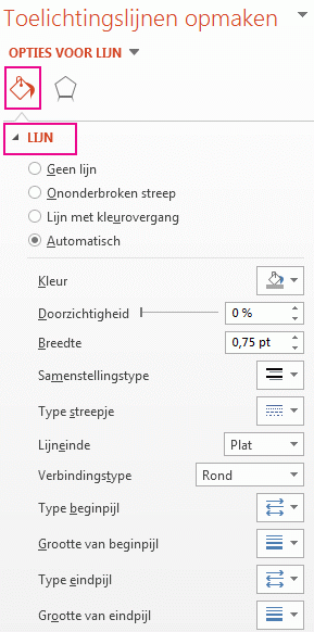 Lijnpictogram in het deelvenster Toelichtingslijnen opmaken