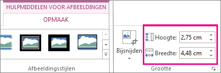 De vakken Hoogte en Breedte op het tabblad Hulpmiddelen voor afbeeldingen - Opmaak