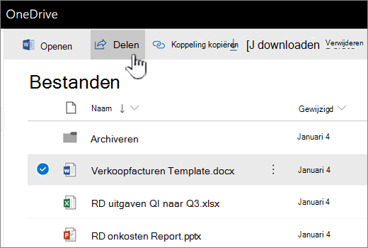 OneDrive waarbij bestand is geselecteerd en op de knop Delen wordt gedrukt