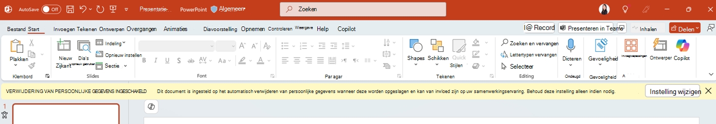 De melding dat Persoonlijke gegevens verwijderen is ingeschakeld in de PowerPoint-app