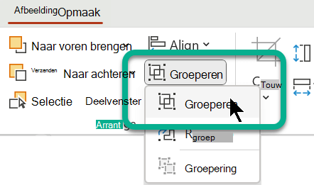 Op het tabblad Afbeeldingsopmaak bevinden de groepeeropties zich in de sectie Schikken.