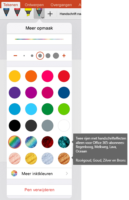 Inktkleuren en -effecten voor het tekenen met inkt in Office voor iOS