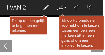 Hulpmiddelen voor inkt die beschikbaar zijn in de weergave Diavoorstelling.