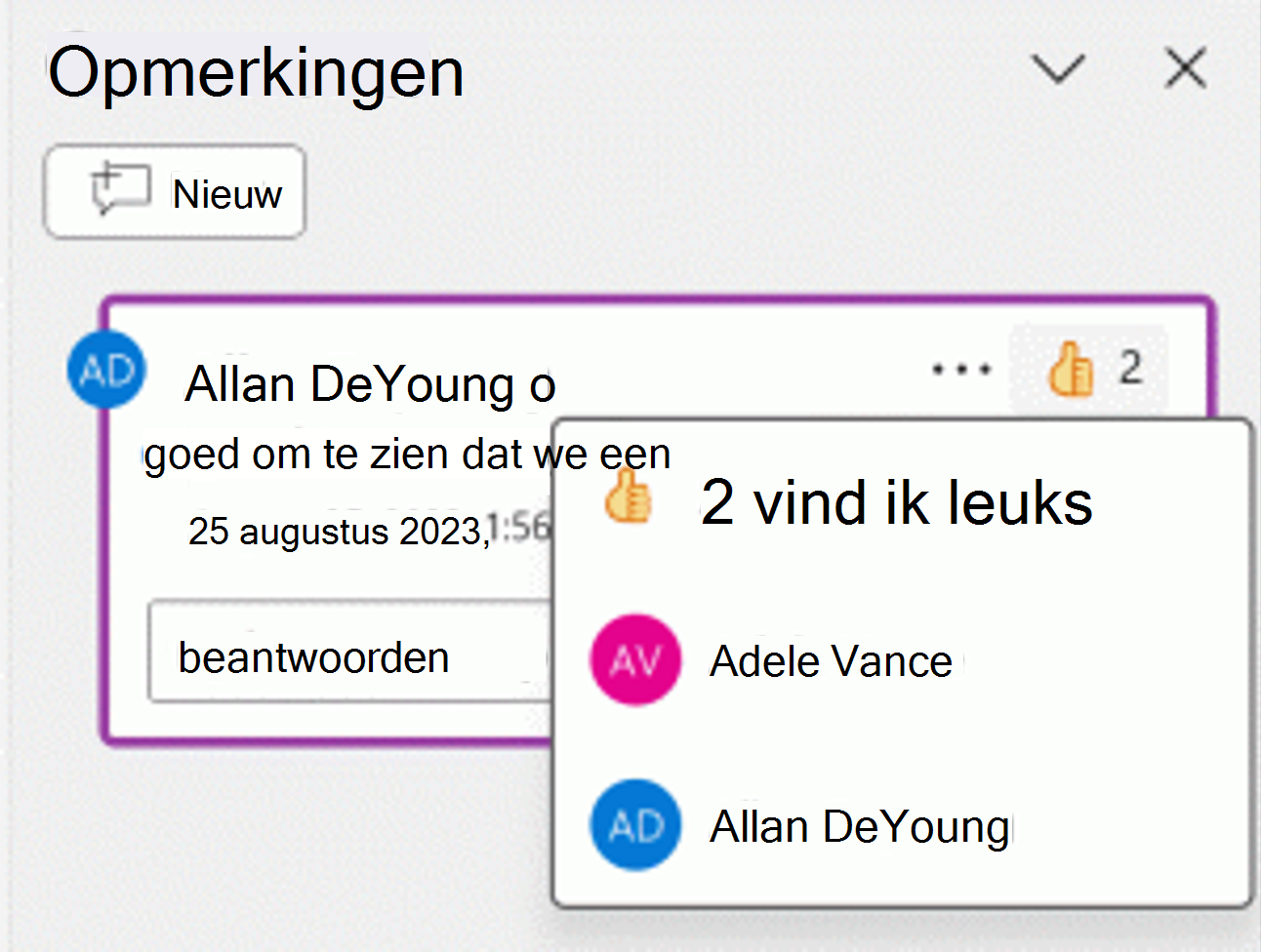 Schermopname van een duim omhoog-reactie op een opmerking