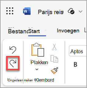 De knop Opnieuw in de webversie van Microsoft Word.