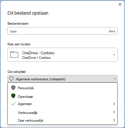 Schermopname van het dialoogvenster Opslaan met de gevoeligheidsbalk uitgevouwen om opties voor gevoeligheidslabels weer te geven.