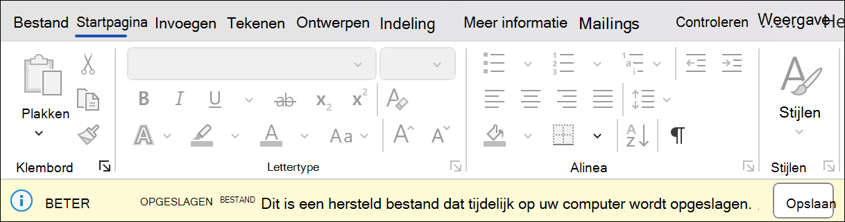 Een schermopname van sessieherstel in Word met de melding Niet-opgeslagen bestand herstellen: dit is een hersteld bestand dat tijdelijk op uw computer is opgeslagen. Ernaast bevindt zich een knop Opslaan.