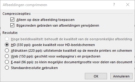 Dialoogvenster Afbeeldingen comprimeren