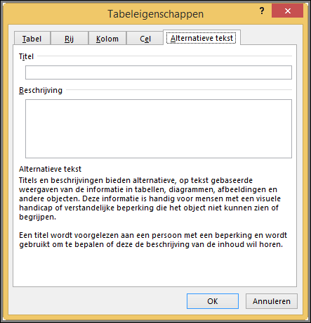 Tabblad Alternatieve tekst in het dialoogvenster Tabeleigenschappen