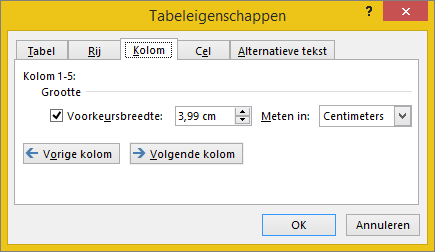 Tabblad Kolom in het dialoogvenster Tabeleigenschappen