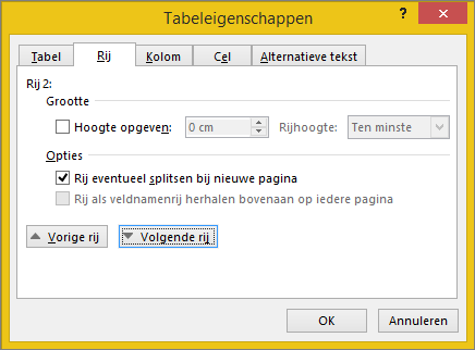 Tabblad Rij in het dialoogvenster Tabeleigenschappen