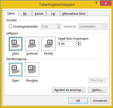 Tabblad Tabel in het dialoogvenster Tabeleigenschappen