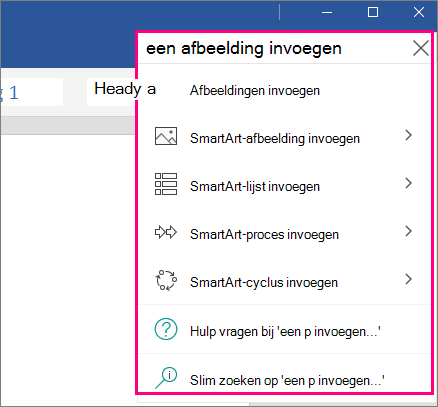 Toont het vak Uitleg met een zoekvraag ingevuld in Word Mobile