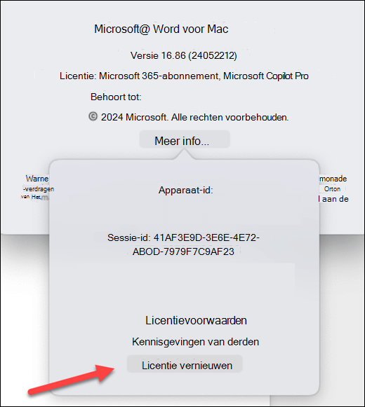 De knop Licentie bijwerken zoeken in Microsoft Word op MacOS.