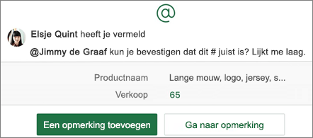 Spreadsheet met @vermelding en de knoppen Opmerking toevoegen en Ga naar opmerkingen
