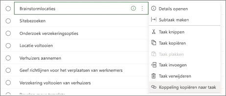 Dialoogvenster met een lijst met taken. De knop Koppeling kopiëren naar taak is gemarkeerd.