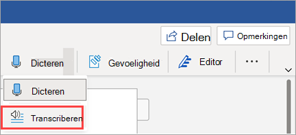 Toont de knop Transcriberen in Word