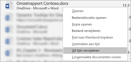 Het contextmenu dat u ziet wanneer u met de rechtermuisknop op een bestand in de lijst met recente bestanden klikt