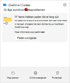 Schermafbeelding van OneDrive-activiteitencentrum met de optie Paden herstellen.