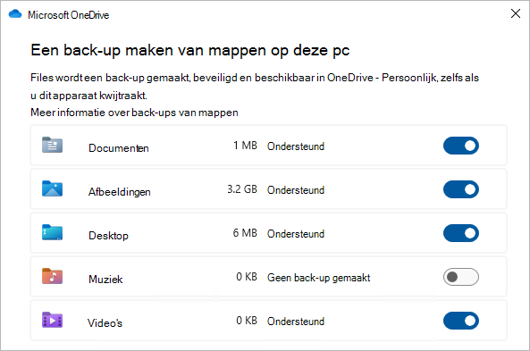 Schermafbeelding van het selectiedialoogvenster voor het maken van een back-up van OneDrive-mappen