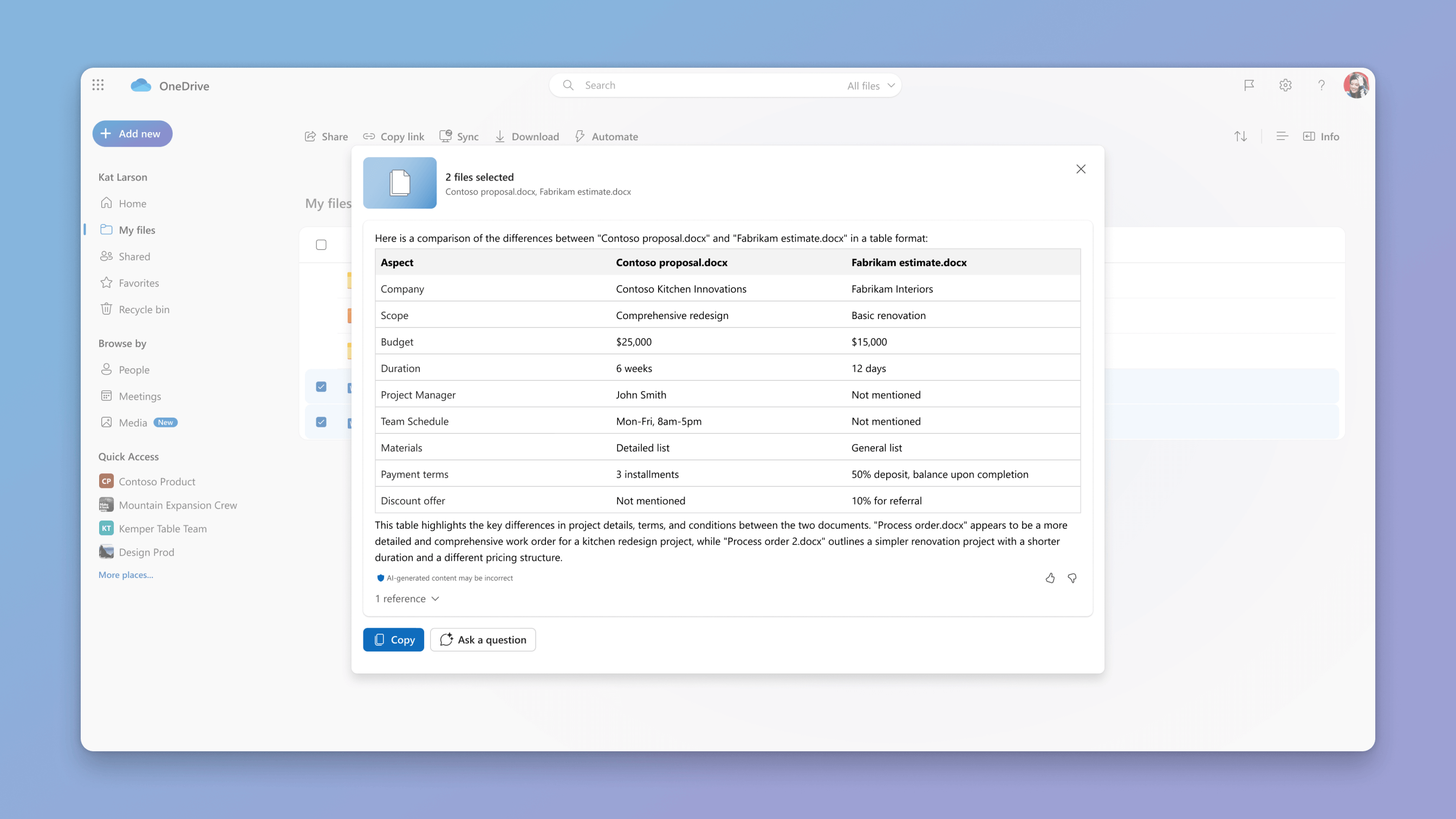 schermopname van het scenario bestanden vergelijken voor Copilot in OneDrive
