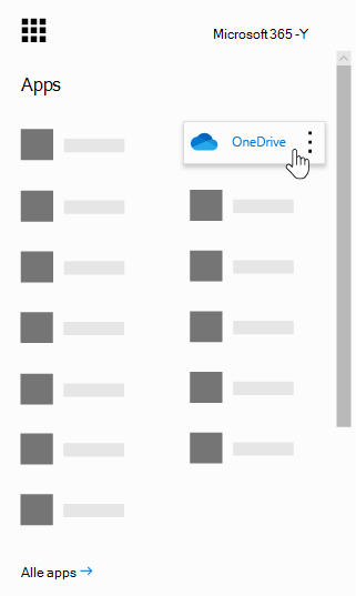 Het startprogramma voor Office 365-apps, met de OneDrive-app gemarkeerd.