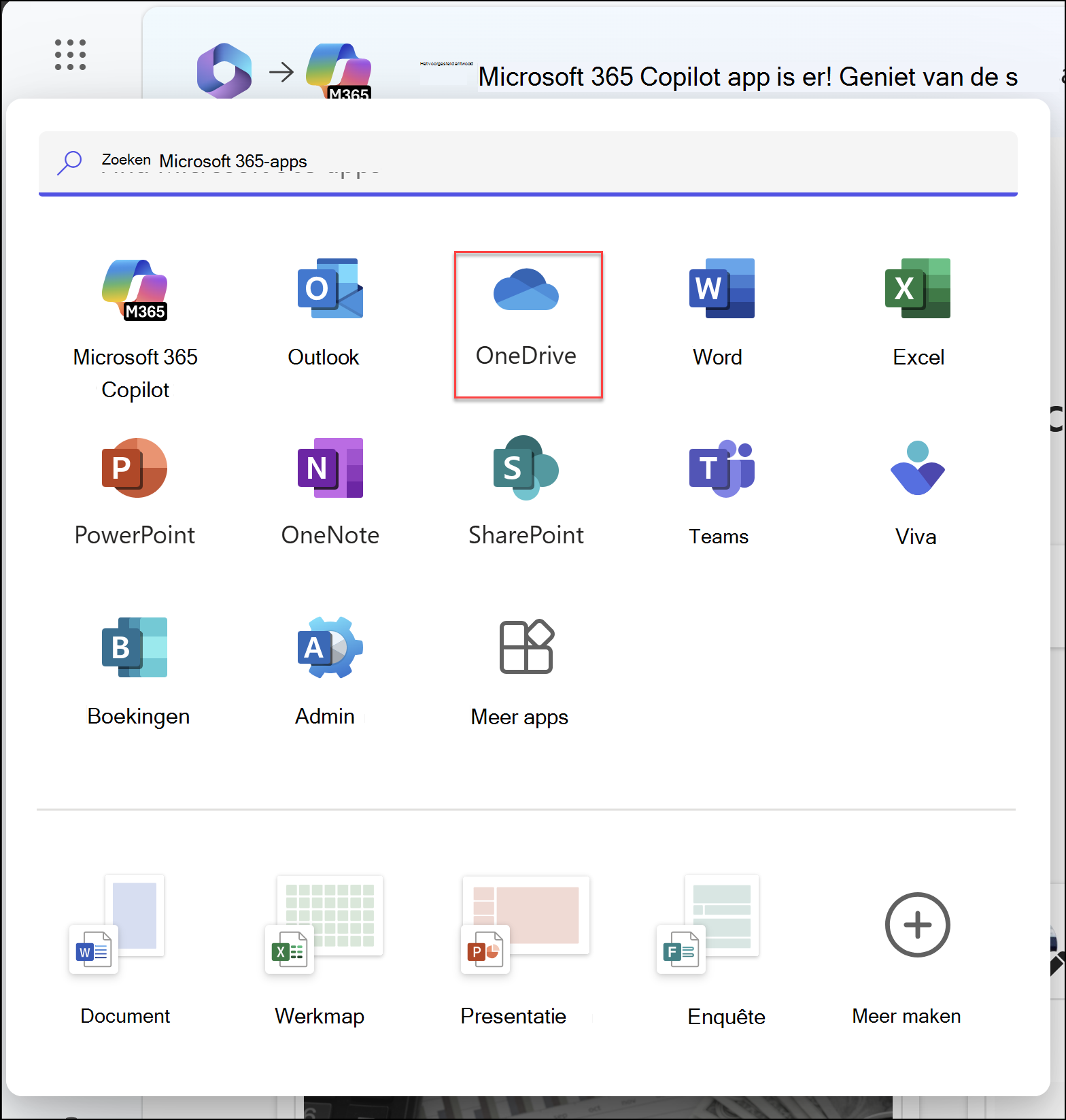 Een browservenster met het startprogramma voor apps geopend en de OneDrive-app gemarkeerd
