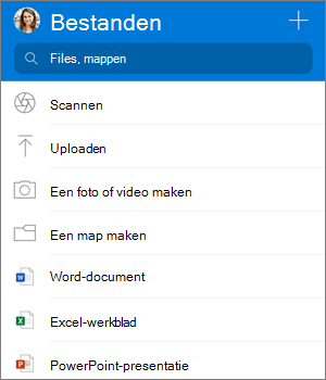 Schermafbeelding van het menu Toevoegen in OneDrive-app voor iOS
