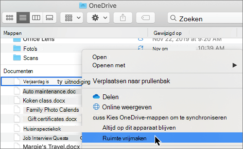 Schermopname van OneDrive Files opties op aanvraag in Finder op een Mac