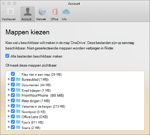 Het dialoogvenster Mappen kiezen onder het venster OneDrive voor Mac Voorkeuren