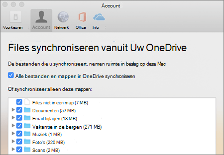 Dialoogvenster mappen synchroniseren voor OneDrive voor Mac