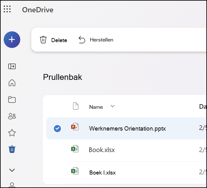 Een schermafbeelding van het tabblad Prullenbak op OneDrive.com.