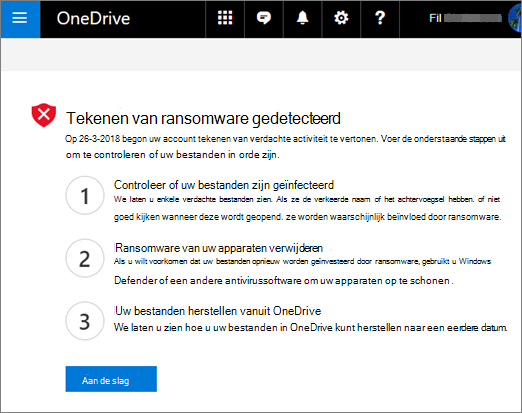 Schermopname van het scherm Tekenen van ransomware gedetecteerd op de OneDrive-website