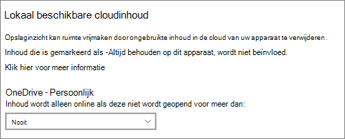 Vervolgkeuzelijst opslag in Windows 10 om te selecteren wanneer OneDrive-bestanden alleen-online moeten worden