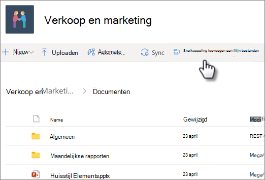 Schermafbeelding van het toevoegen van een snelkoppeling naar uw OneDrive vanuit een gedeelde bibliotheek