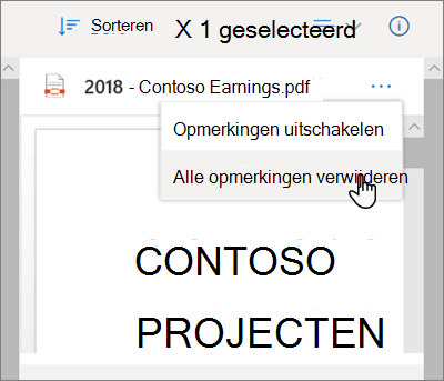 Het detailvenster van OneDrive, met de optie Alle opmerkingen verwijderen geselecteerd in de vervolgkeuzelijst