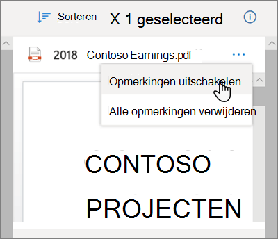 Het detailvenster van OneDrive, met de optie Opmerkingen uitschakelen geselecteerd in de vervolgkeuzelijst