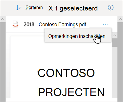 Het detailvenster van OneDrive, met de optie Opmerkingen inschakelen geselecteerd in de vervolgkeuzelijst
