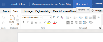 Op de titelbalk klikken om de naam van een document in Word Online te wijzigen