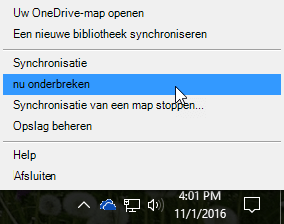 Schermafbeelding van het vorige menu van OneDrive voor Bedrijven met Synchronisatie onderbreken geselecteerd.