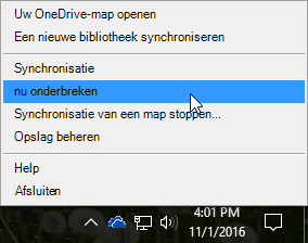 Schermafbeelding van het vorige menu van OneDrive voor Bedrijven met Synchronisatie onderbreken geselecteerd.