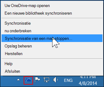 De opdracht De synchronisatie van een map afbreken in het menu van OneDrive voor Bedrijven