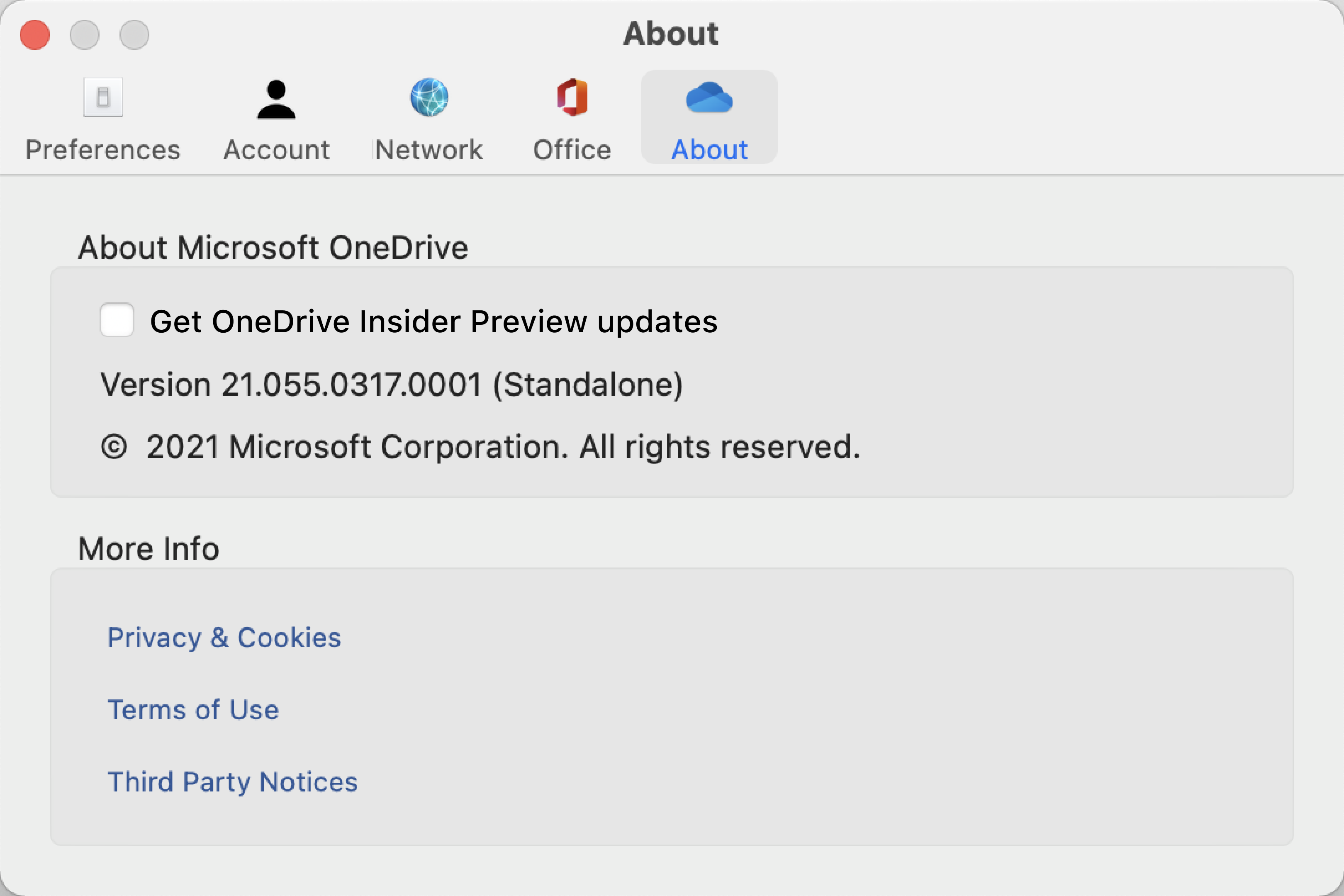 Toont het OneDrive Over-scherm op een Mac. Build- en versiegegevens vindt u onder Over Microsoft OneDrive.