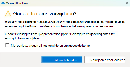 Schermopname van de OneDrive-bevestigingsprompt voor het verwijderen van gedeelde bestanden